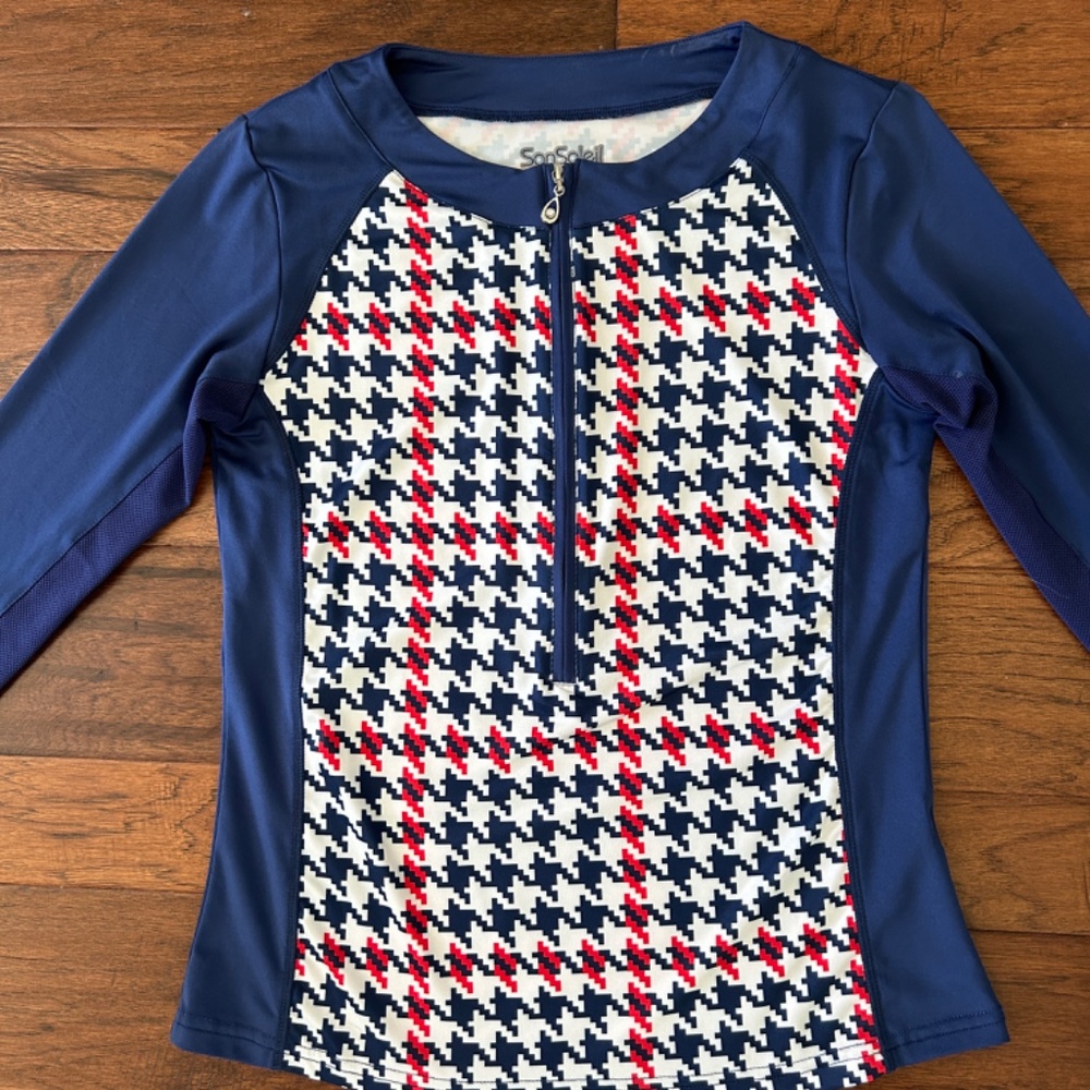 SanSoleil Golf Top Golf 1/4 zip Red White Blue long sleeve Small 4th of July!